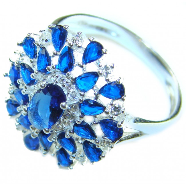 Genuine 10.2 CARAT Sapphire .925 Sterling Silver Large Statement Ring size 7 3/4 - Close-up of sapphire and sterling silver ring with intricate design
