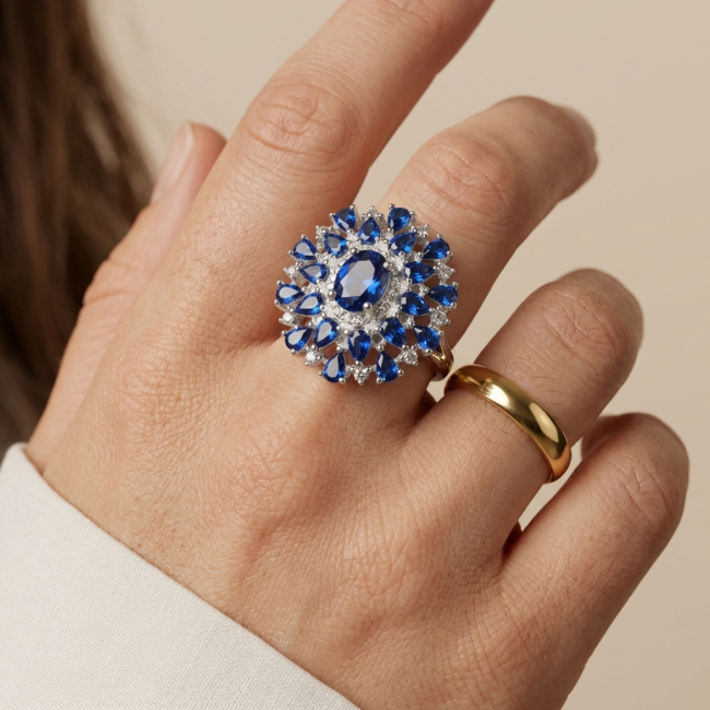 Genuine 10.2 CARAT Sapphire .925 Sterling Silver Large Statement Ring size 7 3/4 - Sapphire ring on hand, showcasing large stone and detailed setting.