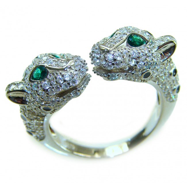 Panthère 4.5 carat Emerald black enamel .925 Sterling Silver handcrafted Statement Ring size 10