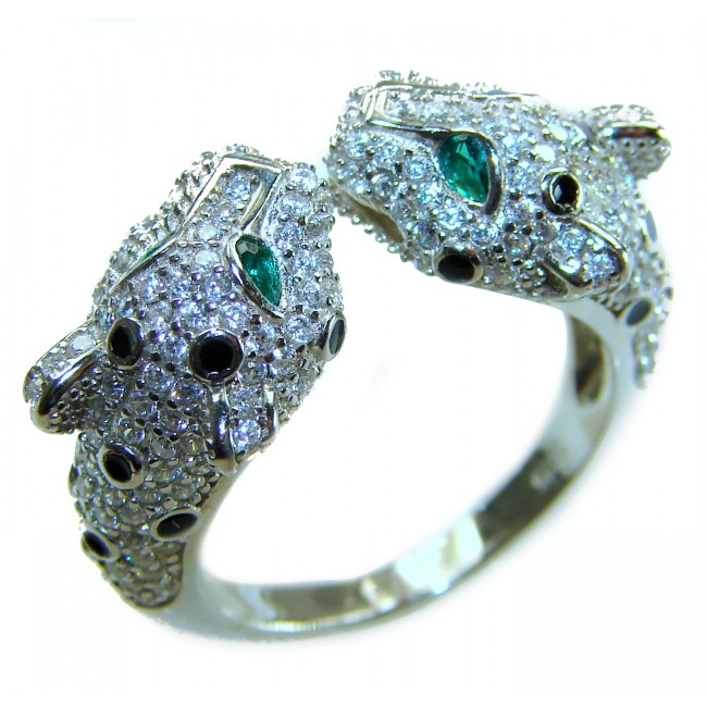 Panthère 4.5 carat Emerald black enamel .925 Sterling Silver handcrafted Statement Ring size 10