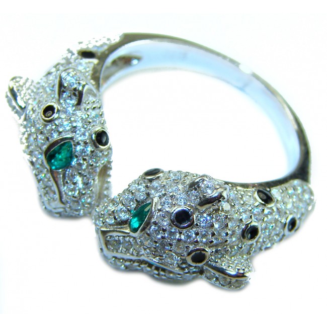 Panthère 4.5 carat Emerald black enamel .925 Sterling Silver handcrafted Statement Ring size 10