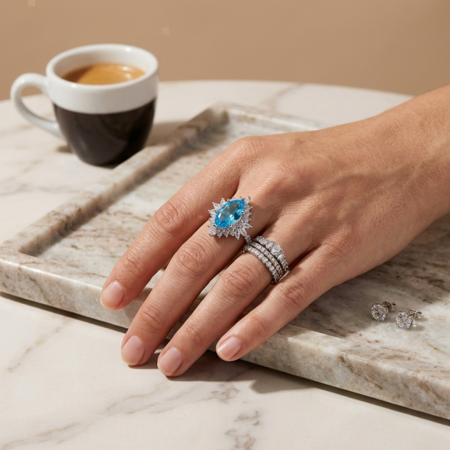 Pacifica 6.5 carat authentic Swiss Blue Topaz .925 Sterling Silver handmade Statement Ring size 6