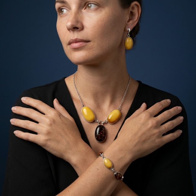 Wonderful 2 Colors Elegant Genuine Baltic Amber .925 Silver handcrafted Necklace