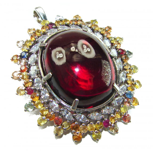 Oversized! Rare finding! Deluxe 67.2 carat authentic Red Topaz rhodium over .925 Sterling Silver handmade Statement Pendant - Close-up of deluxe oversized red gemstone pendant with colorful stones