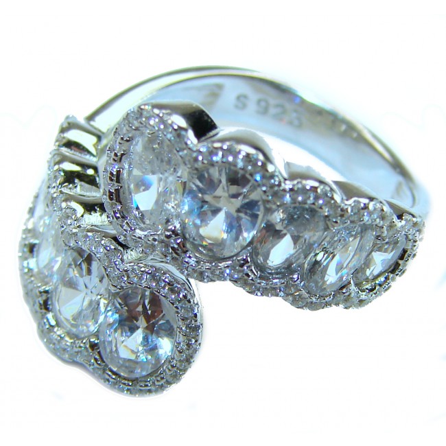 Precious 5.5 carat White Topaz .925 Sterling Silver ring size 7 1/4 - Close-up of sterling silver ring with white topaz stones.
