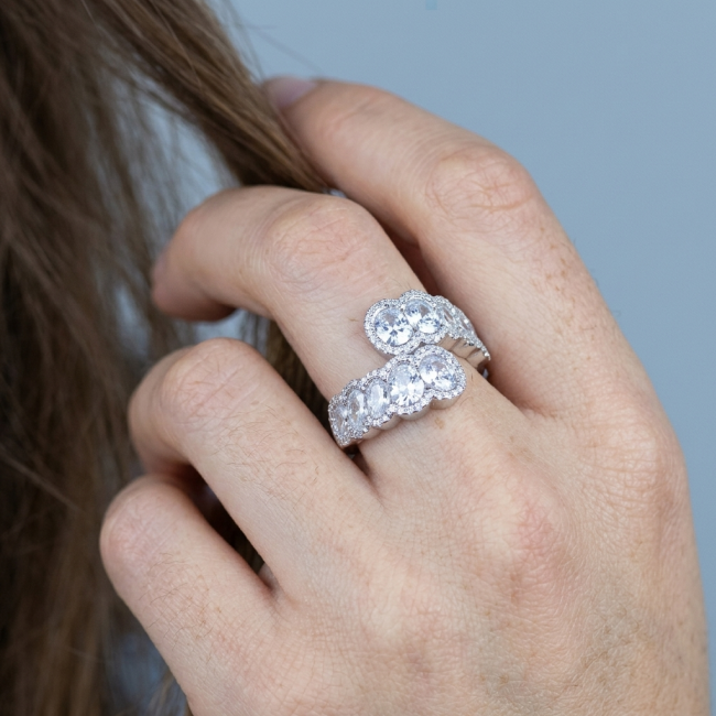 Precious 5.5 carat White Topaz .925 Sterling Silver ring size 7 1/4 - Close-up of 5.5 carat white topaz ring worn on hand