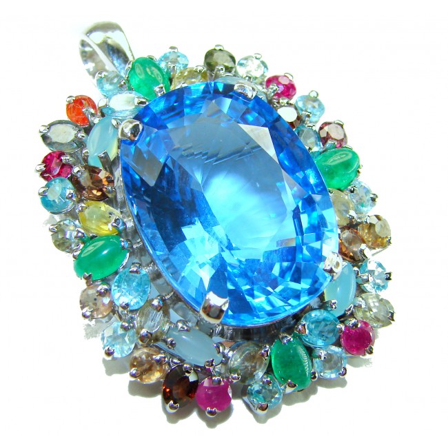 Oceania oval cut 32.8 carat Swiss Blue Topaz .925 Sterling Silver dipped in rhodium Handcrafted Pendant Brooch