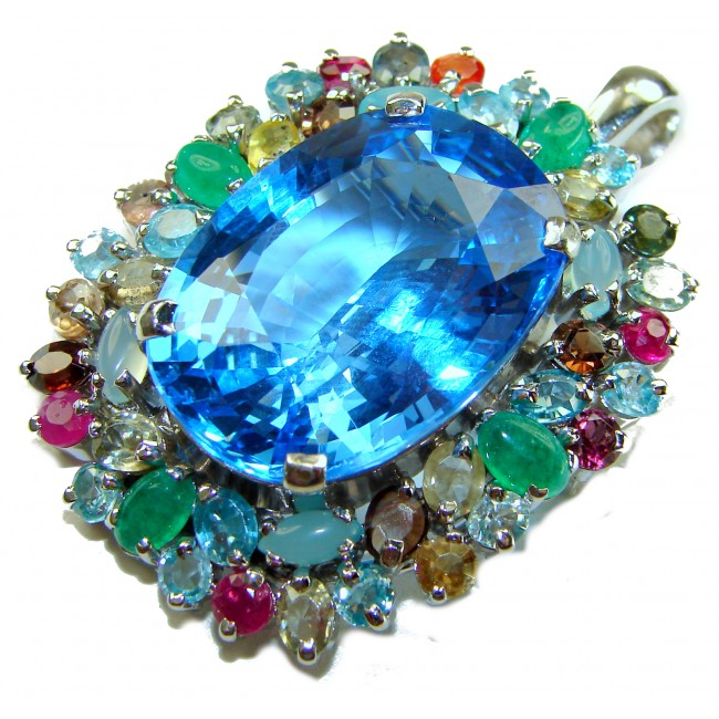 Oceania oval cut 32.8 carat Swiss Blue Topaz .925 Sterling Silver dipped in rhodium Handcrafted Pendant Brooch