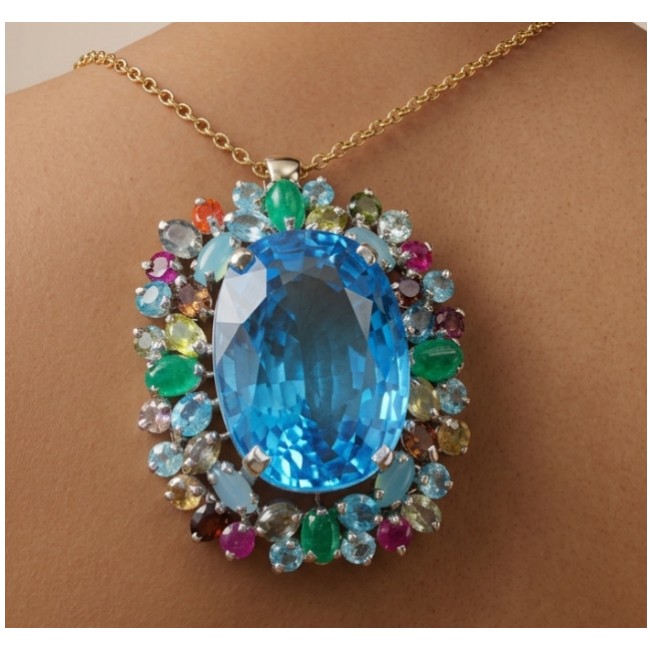 Oceania oval cut 32.8 carat Swiss Blue Topaz .925 Sterling Silver dipped in rhodium Handcrafted Pendant Brooch