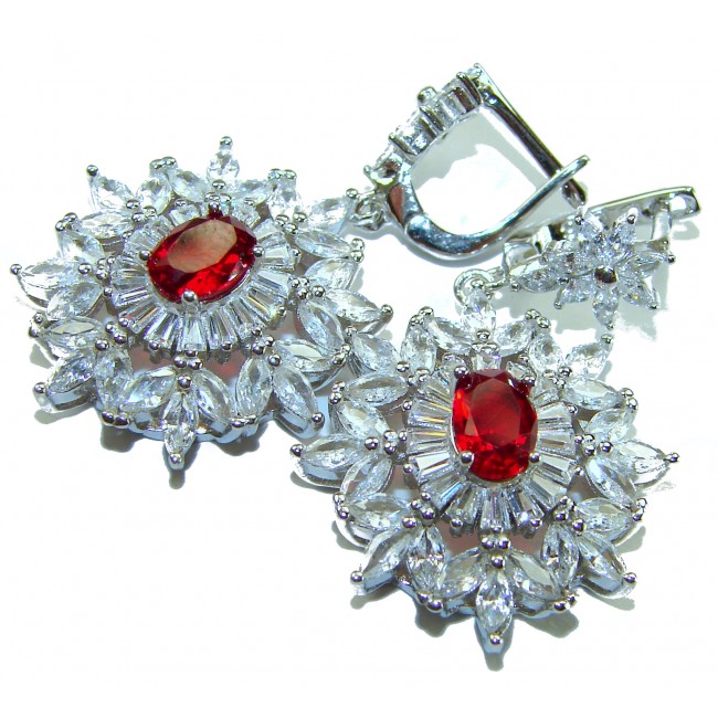 Magnificent Jewel 8.5 carat Ruby .925 Sterling Silver handcrafted incredible earrings - Close-up of ruby and cubic zirconia earrings in sterling silver settings