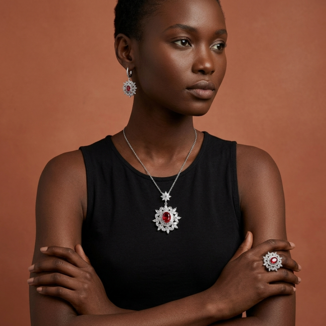 Heirloom Genuine 4.5 carat Ruby .925 Sterling Silver handmade Pendant - Model wearing ruby and silver jewelry set, front view.