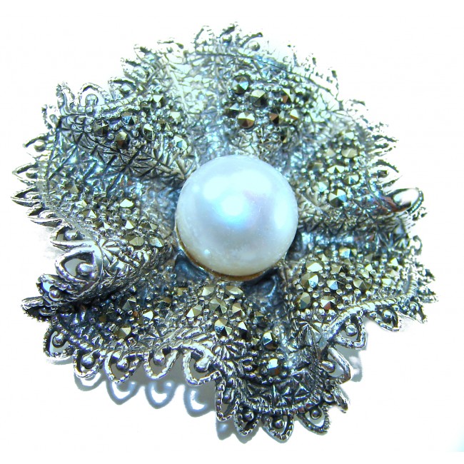 Genuine white Pearl Marcasite .925 Sterling Silver handcrafted Brooch