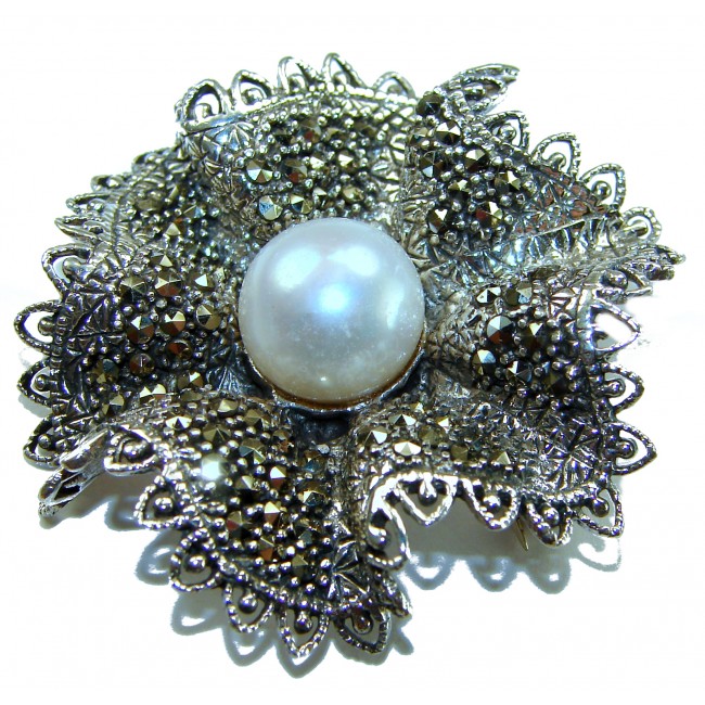 Genuine white Pearl Marcasite .925 Sterling Silver handcrafted Brooch