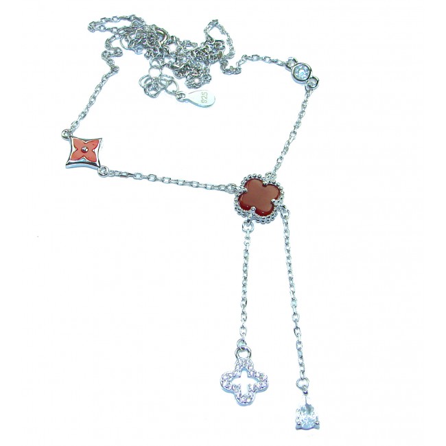 Outstanding 20 inches long Carnelian Lucky Four Leaf Clover .925 Sterling Silver necklace