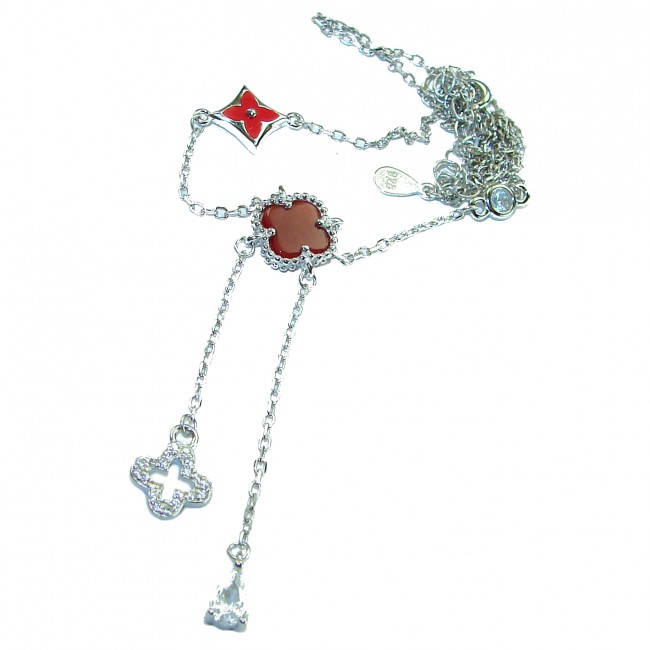 Outstanding 20 inches long Carnelian Lucky Four Leaf Clover .925 Sterling Silver necklace