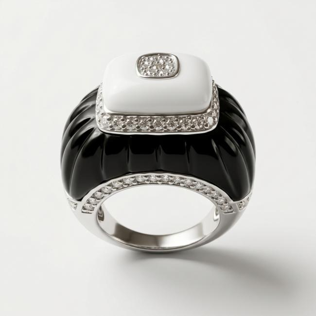 Divine Creation 10.5 carat Howlite black Enamel .925 Sterling Silver handcrafted LARGE Ring s. 7
