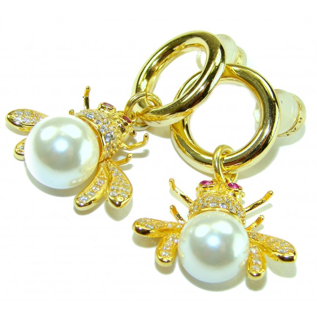 Precious Bees Genuine Pearl 14K Gold Gold over .925 Sterling Silver handcrafted Statement Earrings