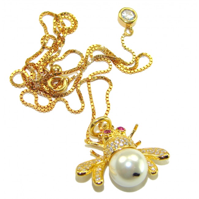 Precious Bees Genuine Pearl 14K Gold Gold over .925 Sterling Silver handcrafted handcrafted Necklace