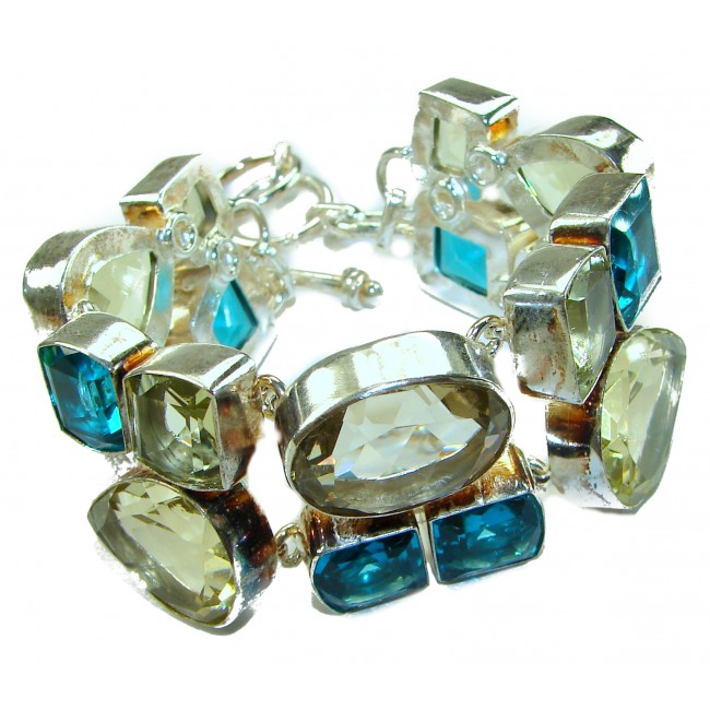 Victorian Style 122.5 carat Lemon Quartz Swiss Blue Topaz .925 Sterling Silver Bracelet
