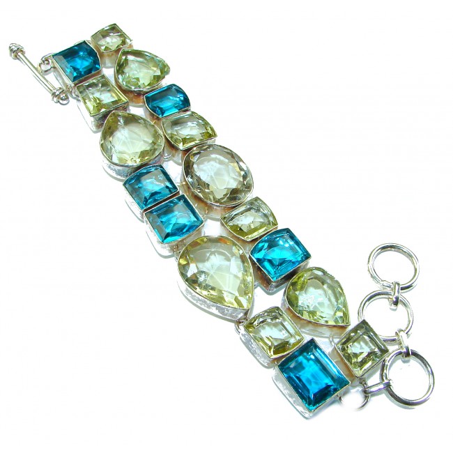 Victorian Style 122.5 carat Lemon Quartz Swiss Blue Topaz .925 Sterling Silver Bracelet