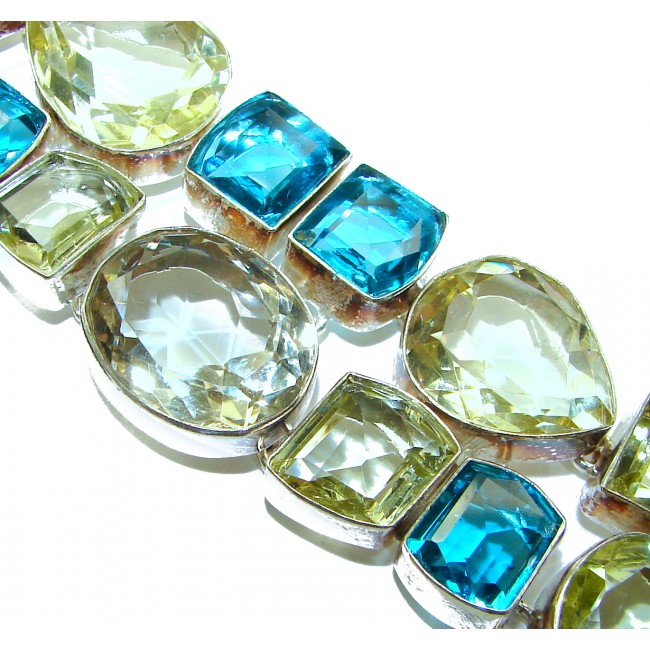 Victorian Style 122.5 carat Lemon Quartz Swiss Blue Topaz .925 Sterling Silver Bracelet