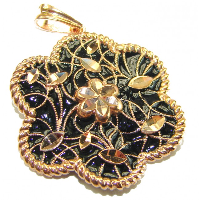 Dubai Style - Golden Flowers black enamel .925 Sterling Silver dipped in 22K Rose Gold handmade Pendant