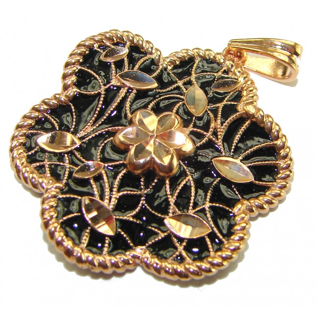 Dubai Style - Golden Flowers black enamel .925 Sterling Silver dipped in 22K Rose Gold handmade Pendant
