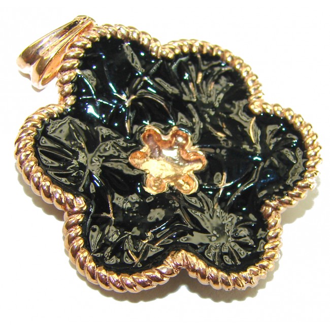 Dubai Style - Golden Flowers black enamel .925 Sterling Silver dipped in 22K Rose Gold handmade Pendant