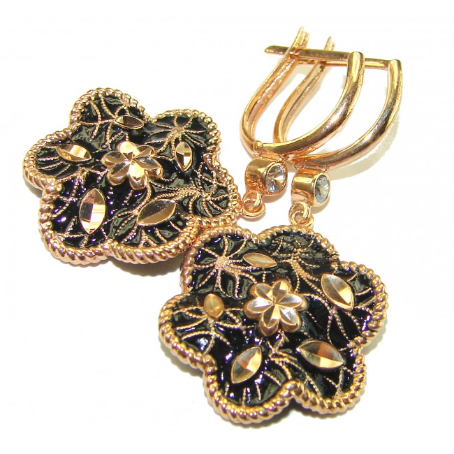 Dubai Style - Golden Flowers black enamel .925 Sterling Silver dipped in 22K Rose Gold handmade Earrings