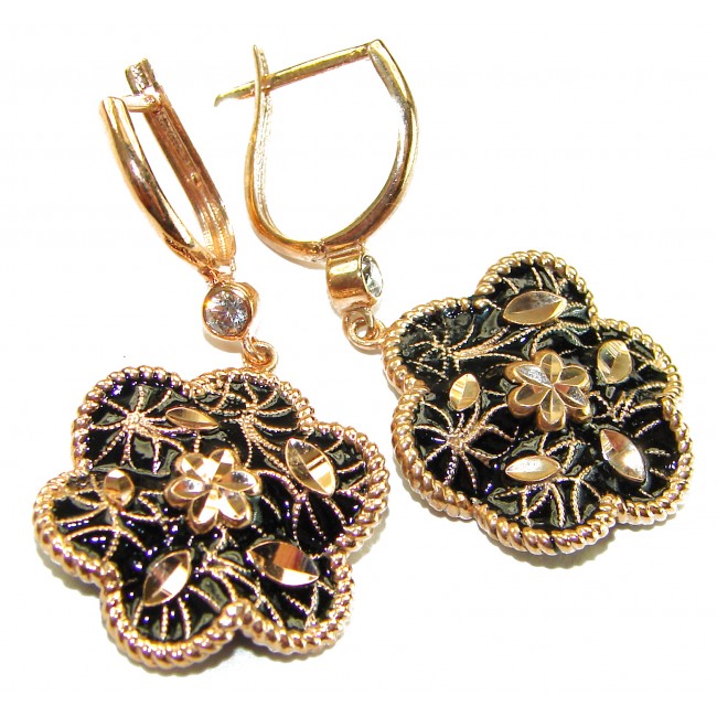 Dubai Style - Golden Flowers black enamel .925 Sterling Silver dipped in 22K Rose Gold handmade Earrings