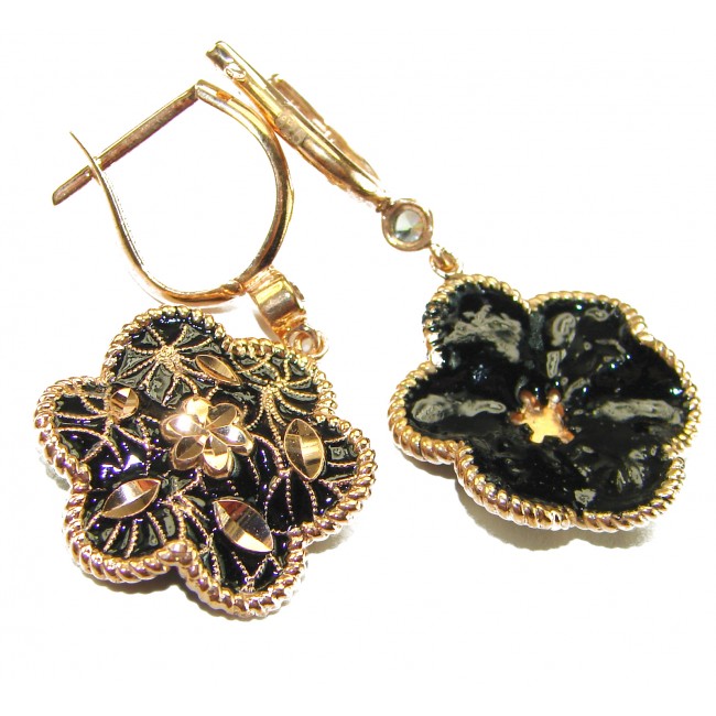 Dubai Style - Golden Flowers black enamel .925 Sterling Silver dipped in 22K Rose Gold handmade Earrings