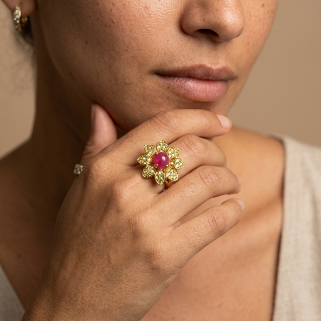 Enchanted Beauty 10.9 carat natural Kashmir Ruby Peridot 18K Gold over .925 Sterling Silver Huge handcrafted Ring s. 7 1/4 - Worn on hand, floral ring with Kashmir ruby and peridot petals.