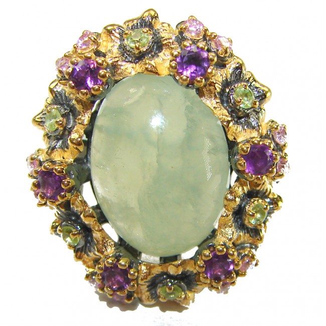 Vintage Style Best quality 22.8 carat Prehnite 2 tones .925 Sterling Silver handcrafted Ring Size 7 1/4