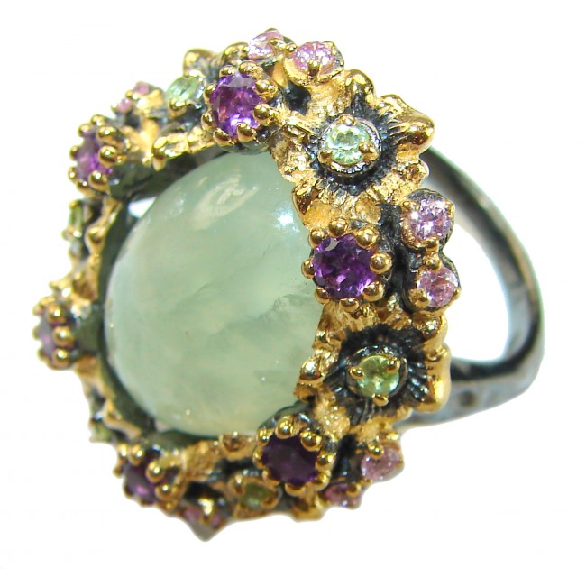 Vintage Style Best quality 22.8 carat Prehnite 2 tones .925 Sterling Silver handcrafted Ring Size 7 1/4