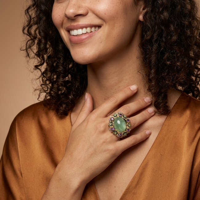 Vintage Style Best quality 22.8 carat Prehnite 2 tones .925 Sterling Silver handcrafted Ring Size 7 1/4