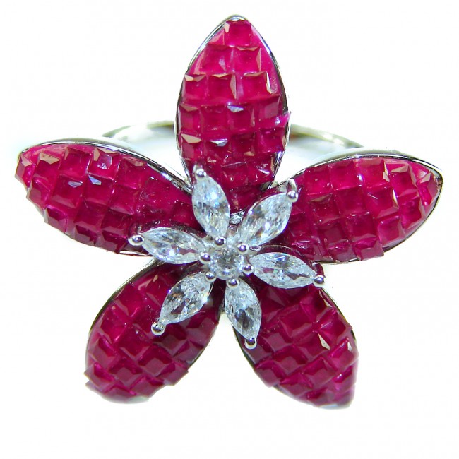 Born to Glam authentic 10.2 carat Ruby .925 Silver handcrafted Ring s. 8 - Close-up of floral ring with rubies and diamonds in silver setting.