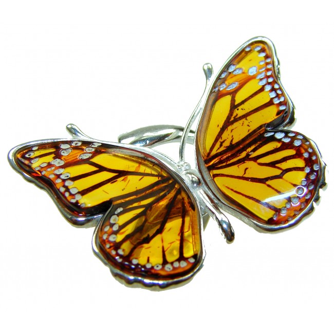 Butterfly Authentic carved Baltic Amber .925 Sterling Silver handcrafted ring; s. 8 adjustable