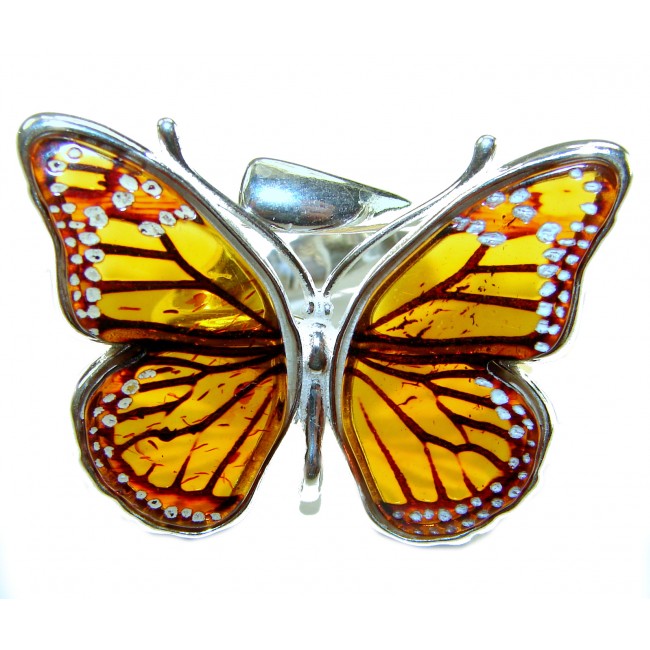 Butterfly Authentic carved Baltic Amber .925 Sterling Silver handcrafted ring; s. 8 adjustable