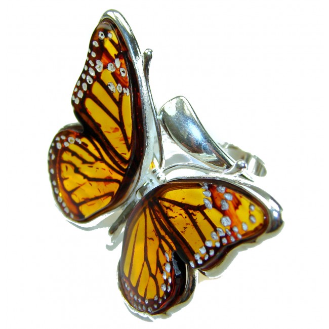 Butterfly Authentic carved Baltic Amber .925 Sterling Silver handcrafted ring; s. 8 adjustable