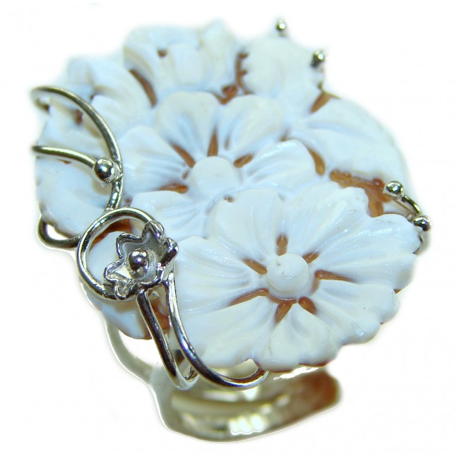 Exquisite Flowers oval Cameo Shell 18K Gold over .925 Sterling Silver handcrafted Made in Italy Statement ring; s. 7 ADJUSTABLE