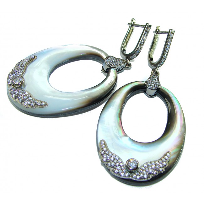 Vintage design Genuine Rainbow Abalone .925 Sterling Silver dipped in black rhodium handcrafted Large Statement Earrings