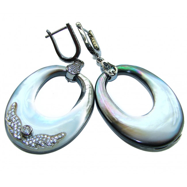 Vintage design Genuine Rainbow Abalone .925 Sterling Silver dipped in black rhodium handcrafted Large Statement Earrings
