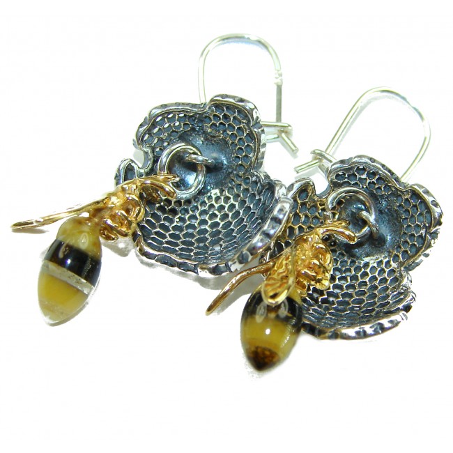 Very Special product - Wonderful Bees Baltic Amber .925 Sterling Silver entirely handcrafted earrings