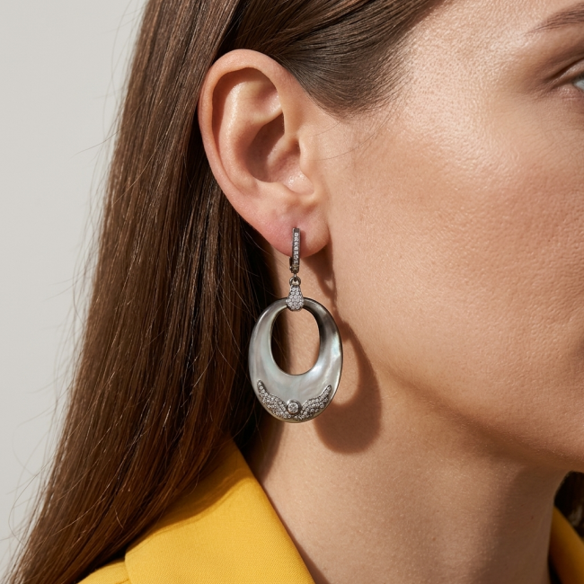 Vintage design Genuine Rainbow Abalone .925 Sterling Silver dipped in black rhodium handcrafted Large Statement Earrings