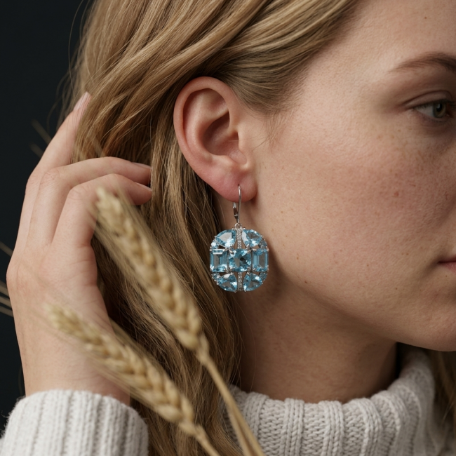 Atlantica 33.7 carat Swiss Blue Topaz .925 Sterling Silver Handcrafted Statement earrings - photo 1