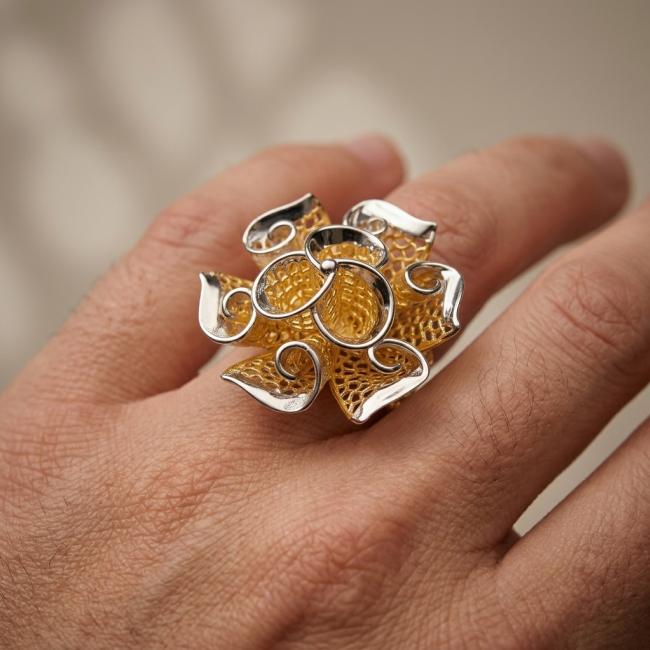 Dubai Style - .925 Sterling Silver dipped in 22K Gold handmade Large ring size 6