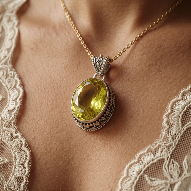 Perfection Oval cut 45.3 carat Lemon Quartz .925 Sterling Silver handcrafted LARGE pendant