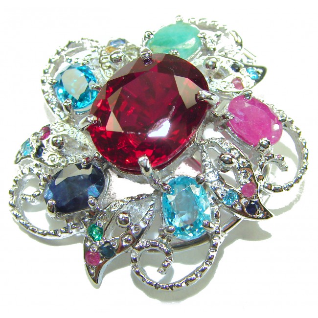 Rose Garden - Victorian style - 14.5 carat Authentic Ruby .925 Sterling Silver handcrafted Pendant Brooch - Close-up of Rose Garden brooch with 14.5 carat ruby and multicolor gems.