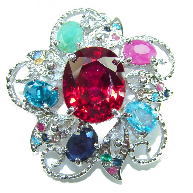 Rose Garden - Victorian style - 14.5 carat Authentic Ruby .925 Sterling Silver handcrafted Pendant Brooch - Victorian style jewelry with close-up of 14.5 carat ruby centerpiece