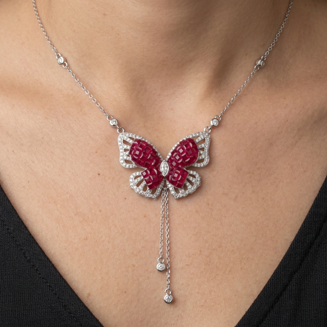Red Butterfly Luxurious natural 14.5 carat Ruby .925 Sterling Silver handmade Statement necklace